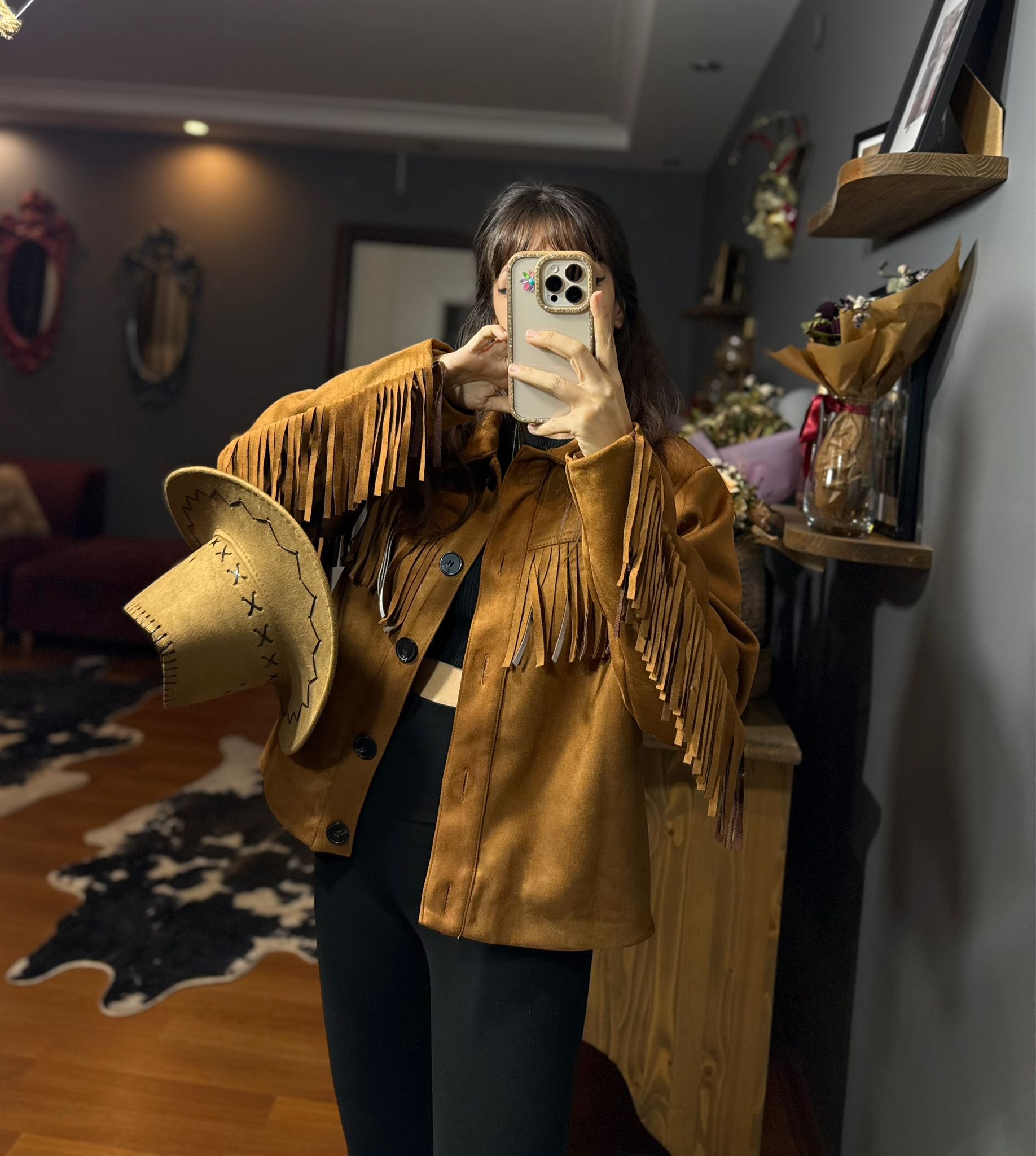 Püskül Detaylı Süet Kovboy Ceket – Western Stil - Taba - Görsel 8