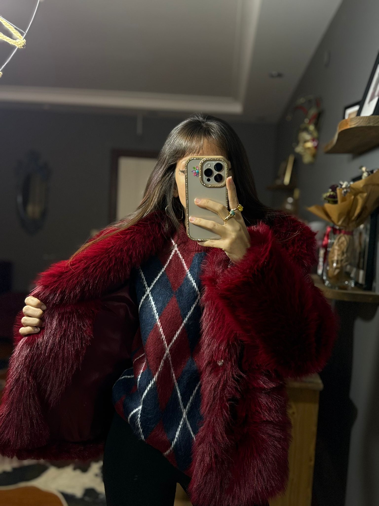 Kadın Suni Kürk Mont-BORDO - Görsel 3