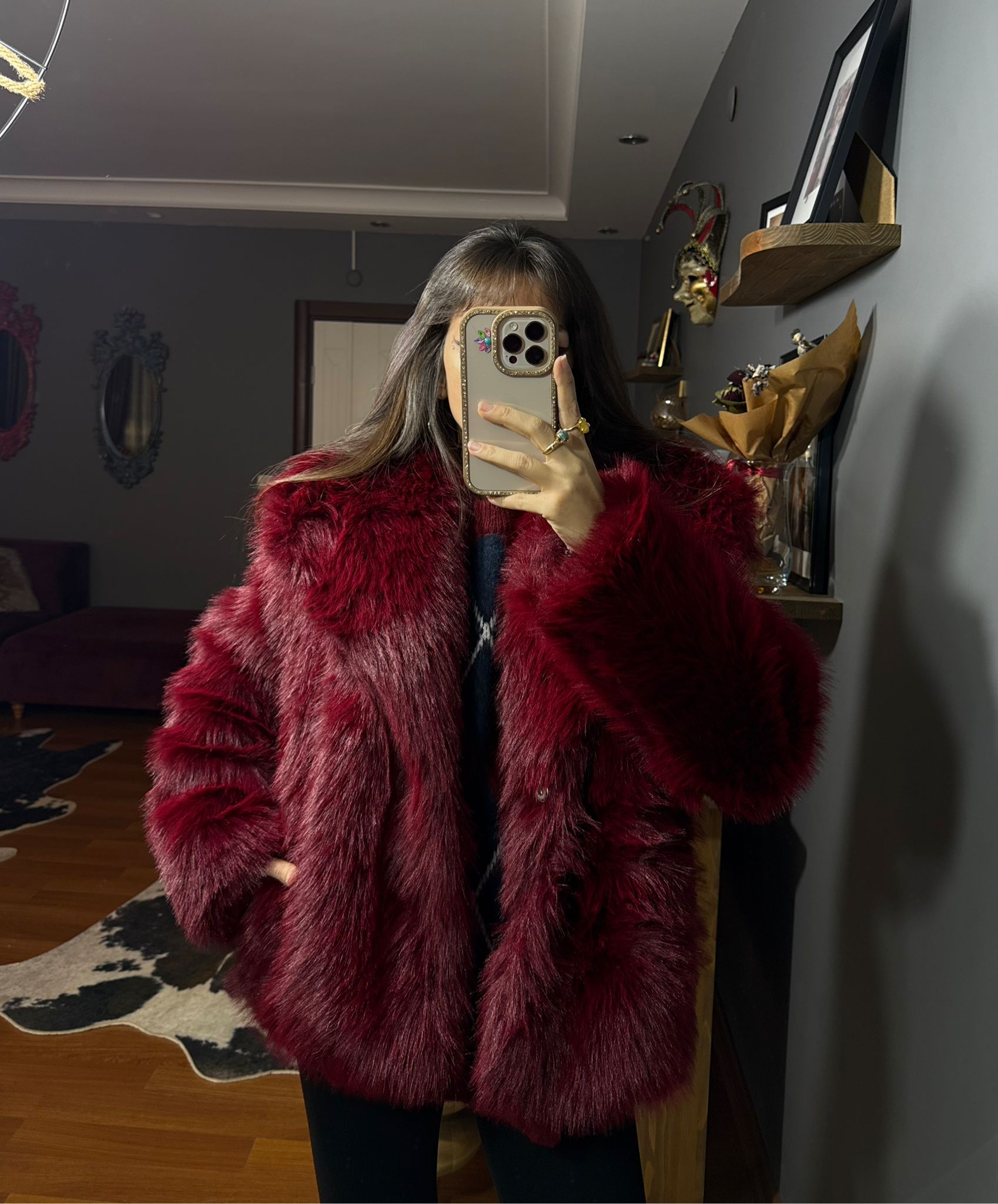 Kadın Suni Kürk Mont-BORDO - Görsel 5