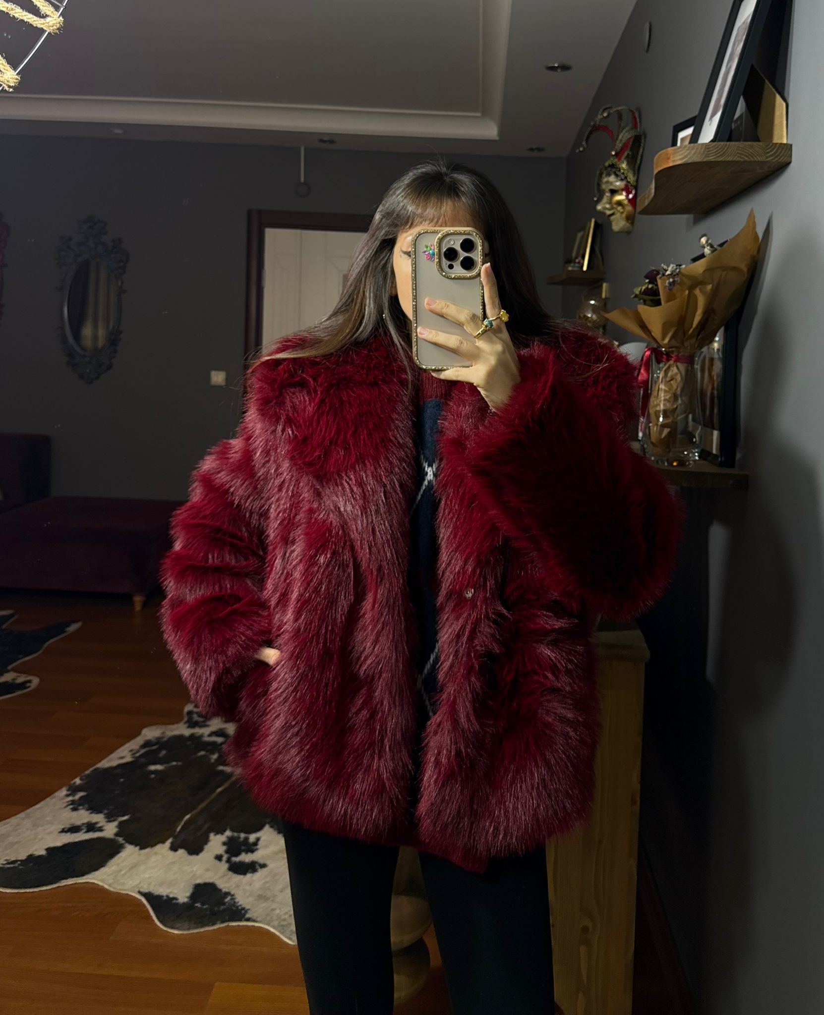 Kadın Suni Kürk Mont-BORDO - Görsel 6