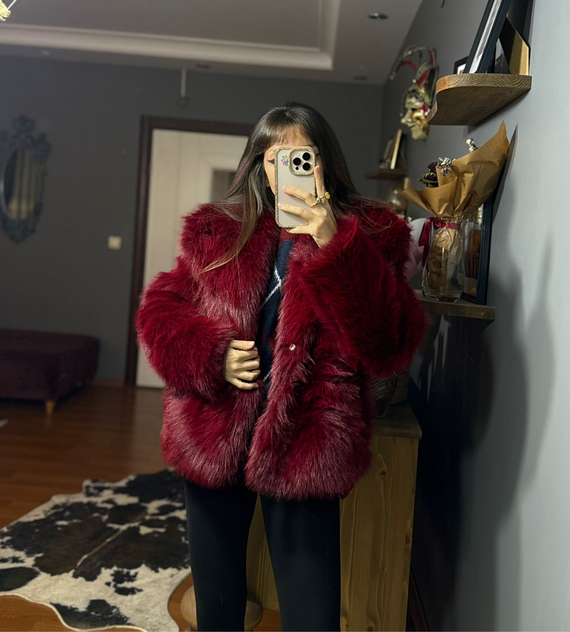 Kadın Suni Kürk Mont-BORDO - Görsel 4