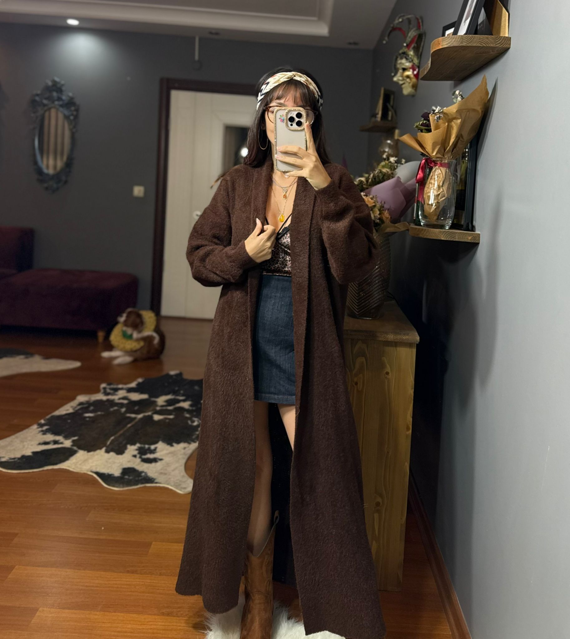 Koyu Kahve Peluş Uzun Ceket - Görsel 2