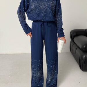 Aralıklı Taş İşlemeli Modal Kumaş Boru Paça Kadın Eşofman Takım-Lacivert