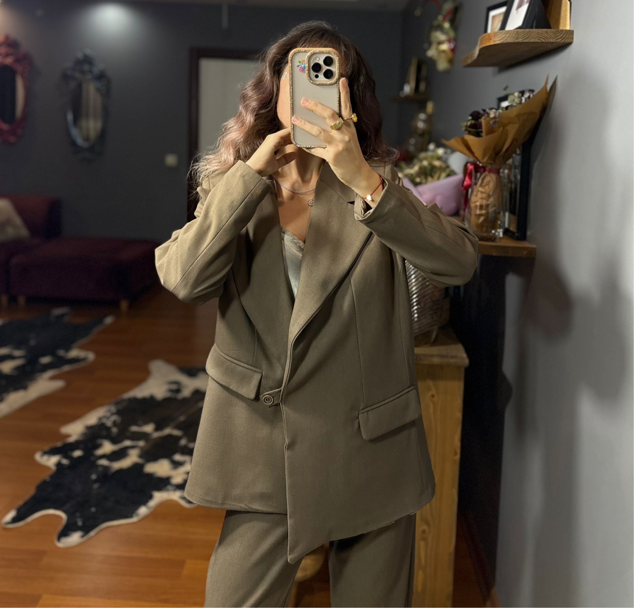 Asimetrik Kesim Oversize Kadın Takım Elbise – Kahve - Görsel 4