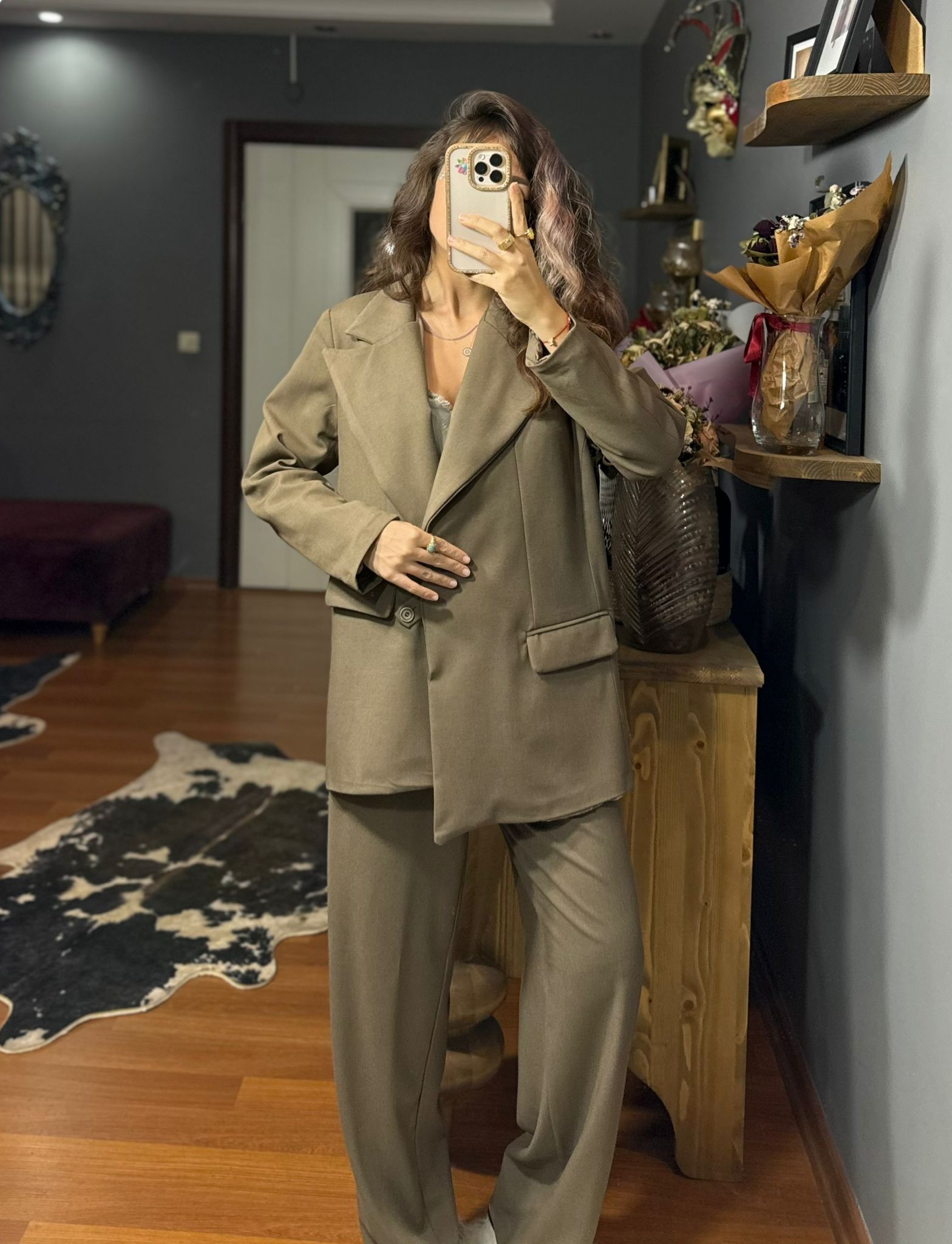 Asimetrik Kesim Oversize Kadın Takım Elbise – Kahve - Görsel 5