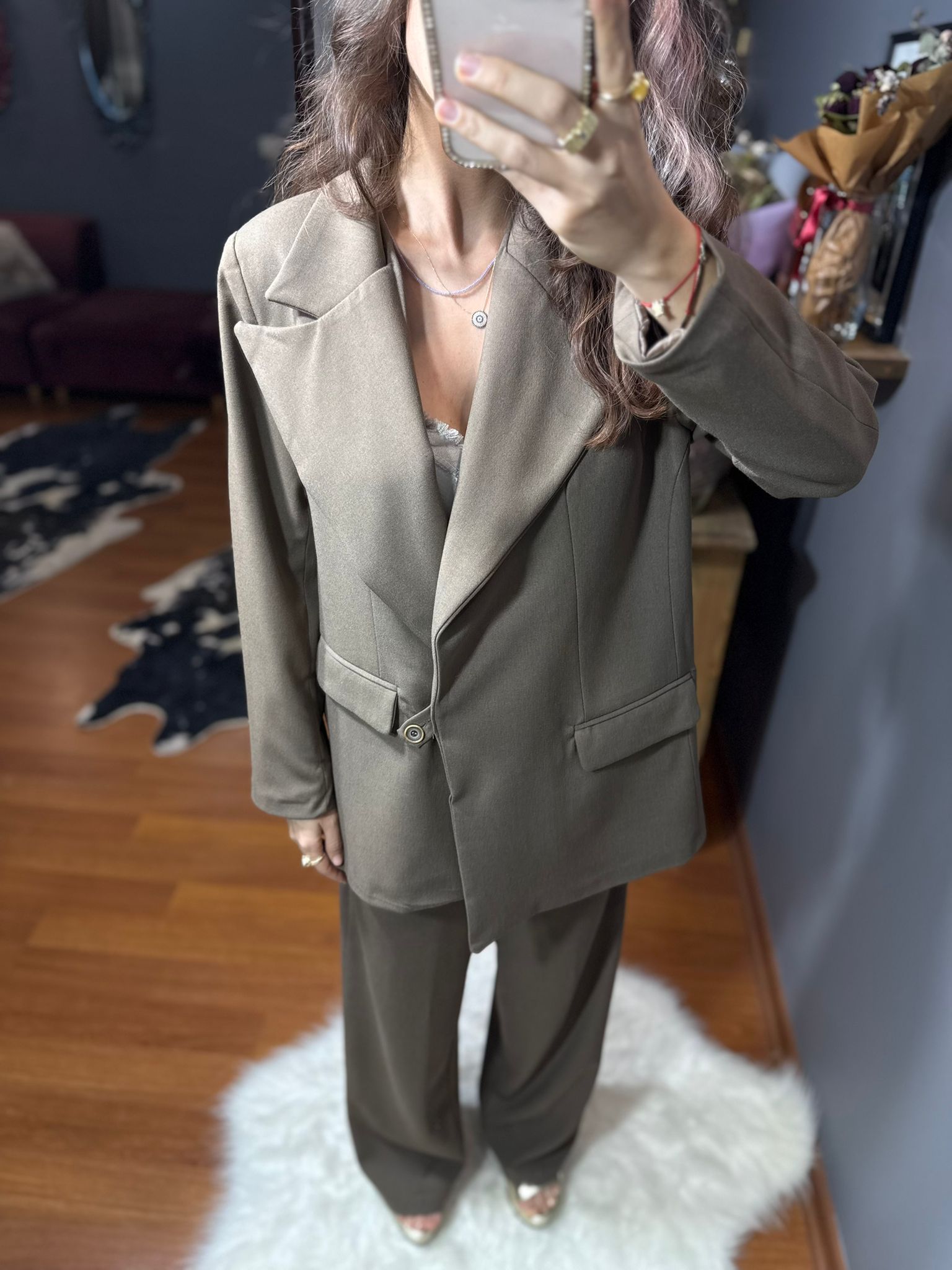 Asimetrik Kesim Oversize Kadın Takım Elbise – Kahve - Görsel 7