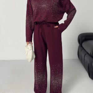 Aralıklı Taş İşlemeli Modal Kumaş Boru Paça Kadın Eşofman Takım-BORDO