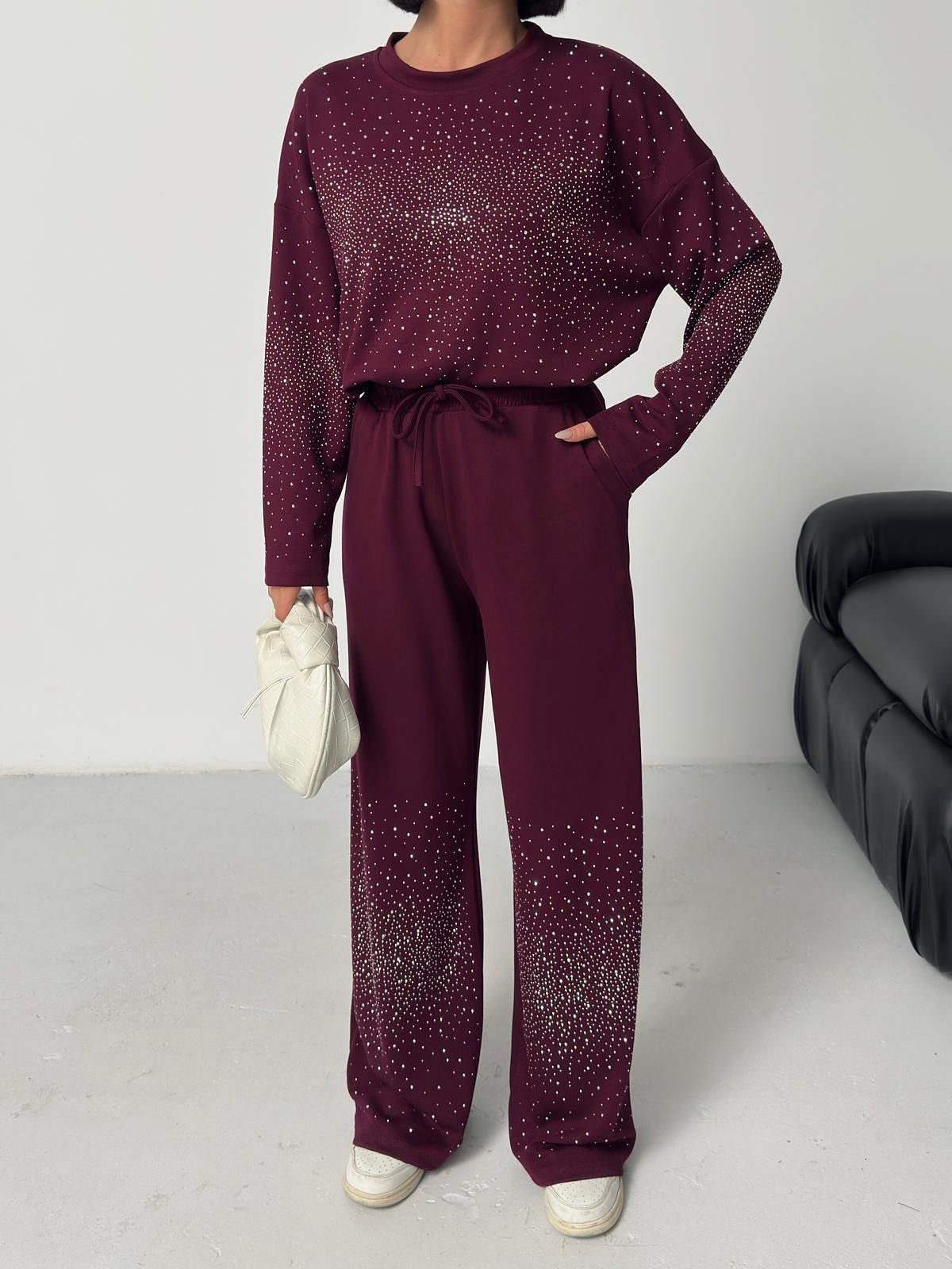 Aralıklı Taş İşlemeli Modal Kumaş Boru Paça Kadın Eşofman Takım-BORDO