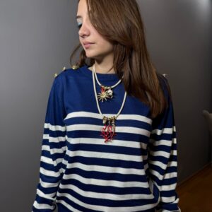 Gold Düğmeli Çizgili Triko