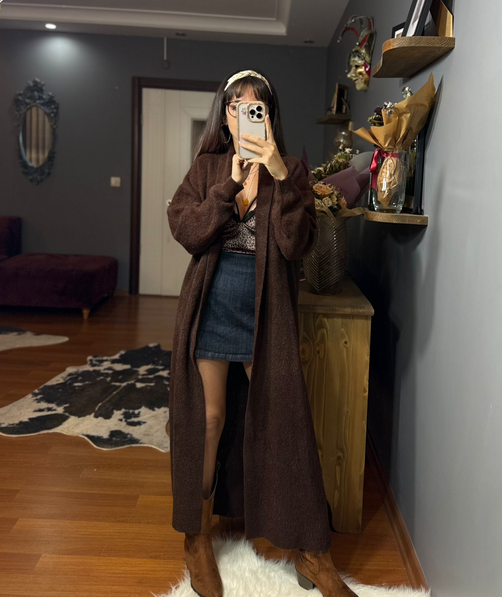 Koyu Kahve Peluş Uzun Ceket - Görsel 3