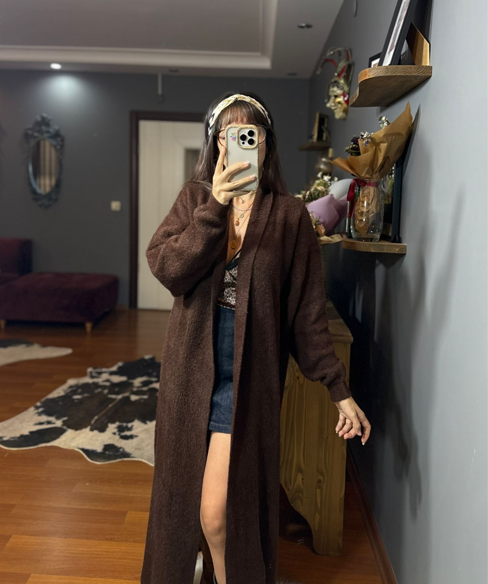 Koyu Kahve Peluş Uzun Ceket - Görsel 8