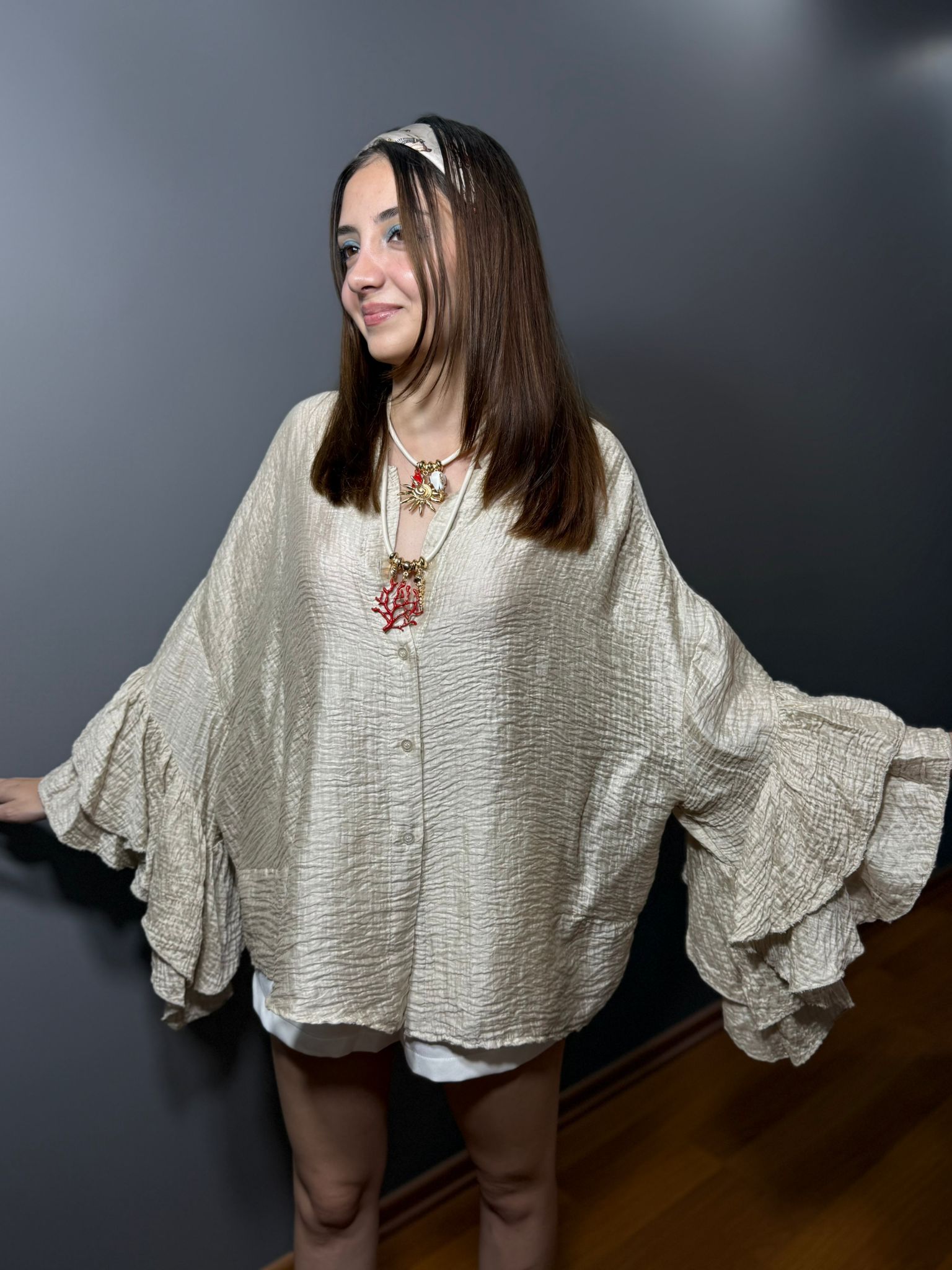 İthal Parlak Kumaş Kol Detaylı Tasarım Gömlek - Görsel 2