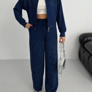 Taş İşlemeli Kapüşonlu Fermuarlı Boru Paça Kadın Eşofman Takım -LACİVERT
