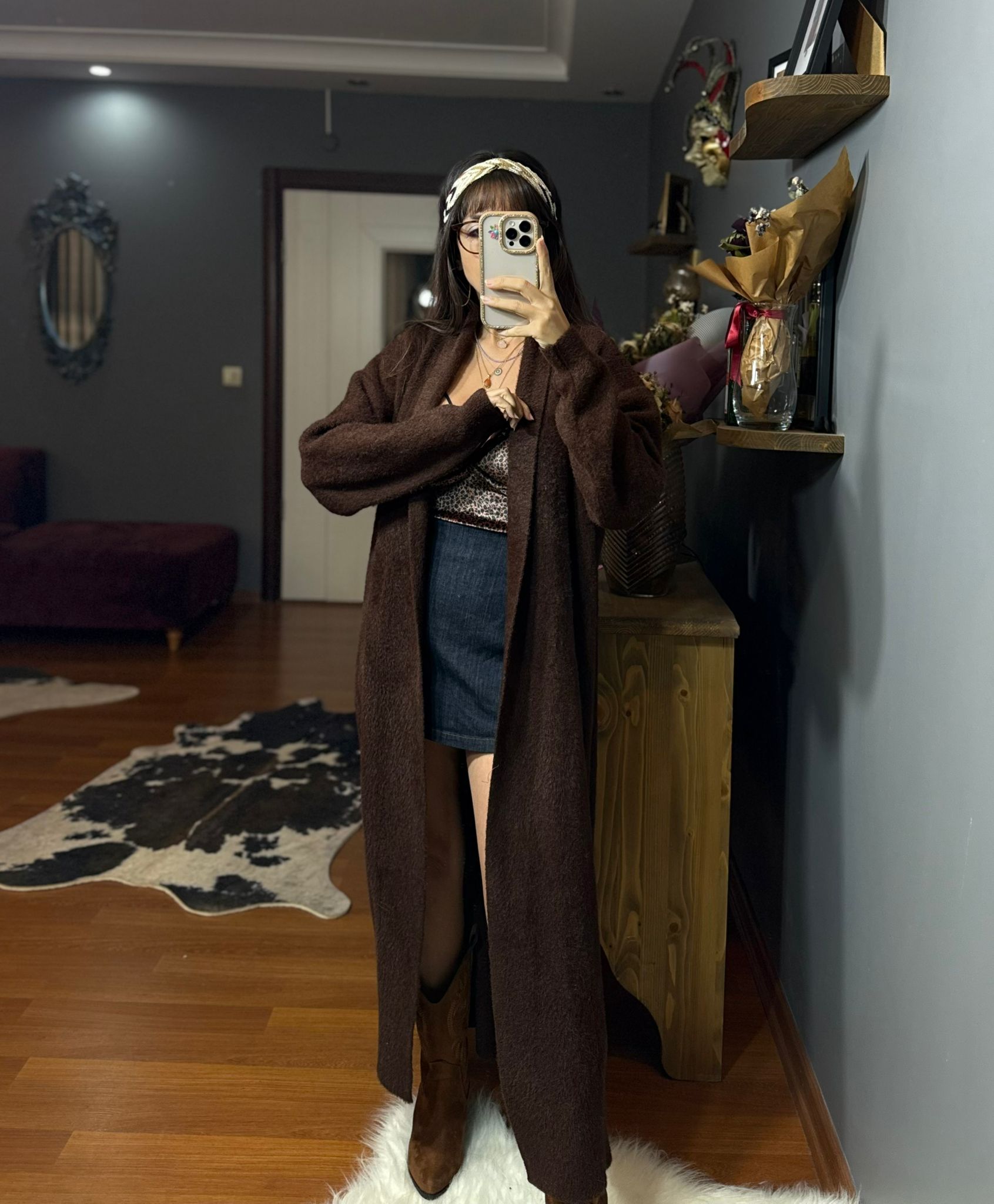 Koyu Kahve Peluş Uzun Ceket - Görsel 5