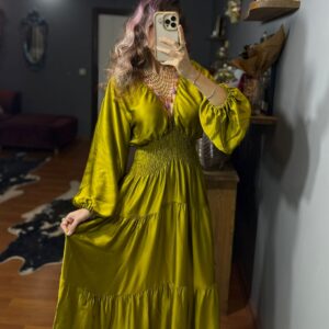 İthal Tasarım Beli Lastikli İpek Saten Elbise-Fıstık yesılı