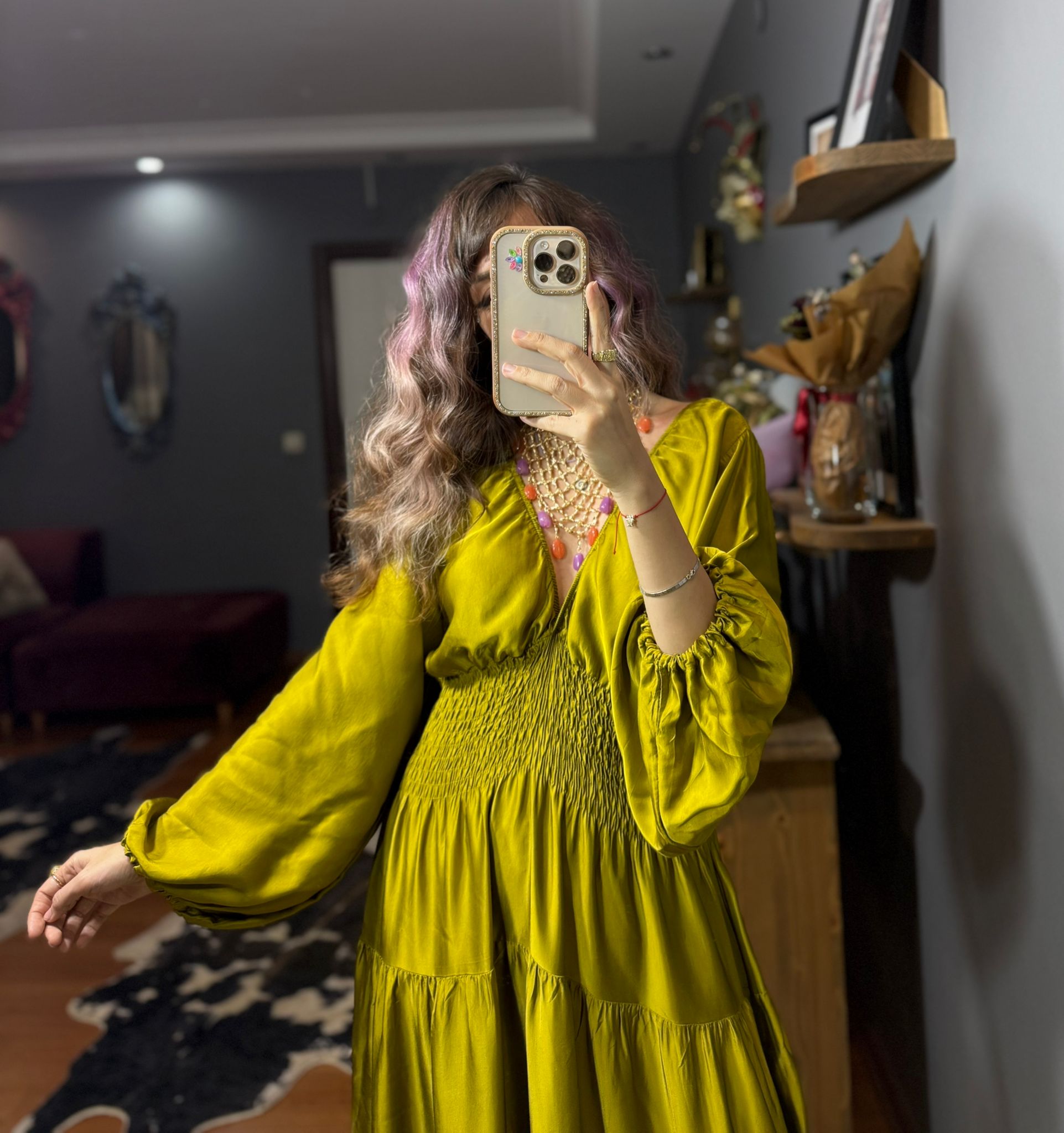 İthal Tasarım Beli Lastikli İpek Saten Elbise-Fıstık yesılı - Görsel 5