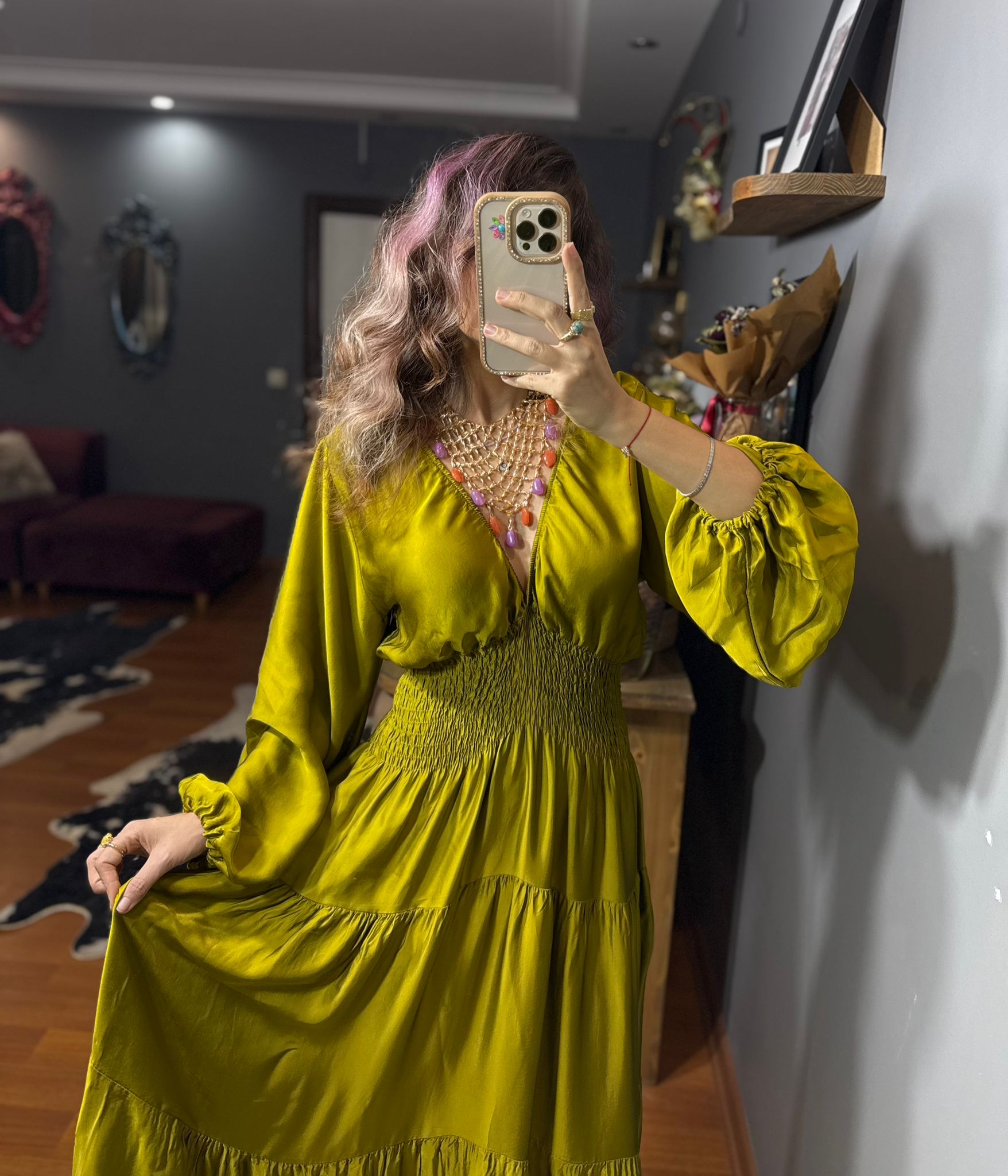 İthal Tasarım Beli Lastikli İpek Saten Elbise-Fıstık yesılı - Görsel 6