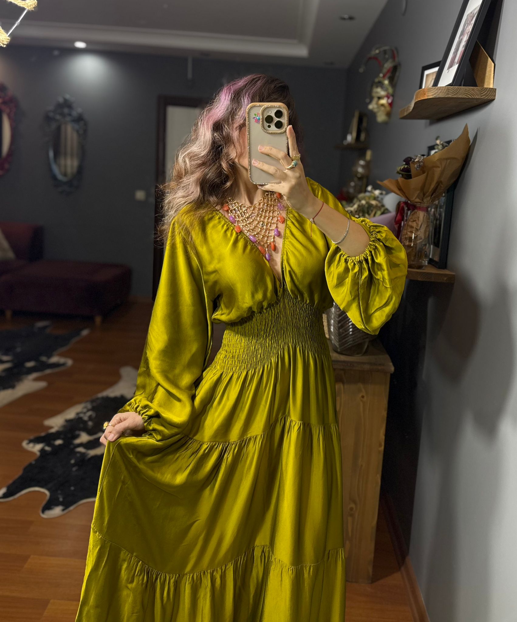 İthal Tasarım Beli Lastikli İpek Saten Elbise-Fıstık yesılı - Görsel 7