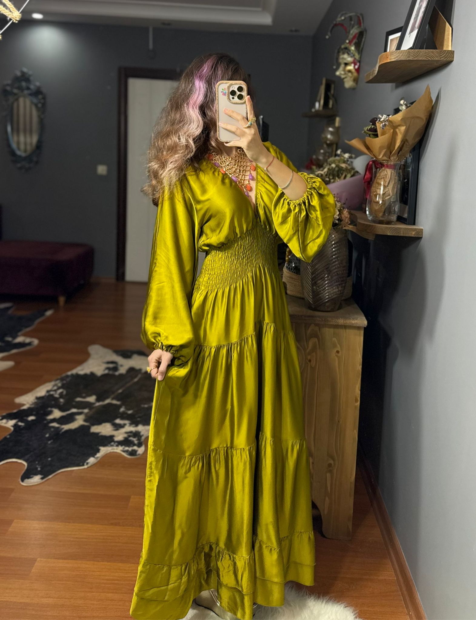 İthal Tasarım Beli Lastikli İpek Saten Elbise-Fıstık yesılı - Görsel 8