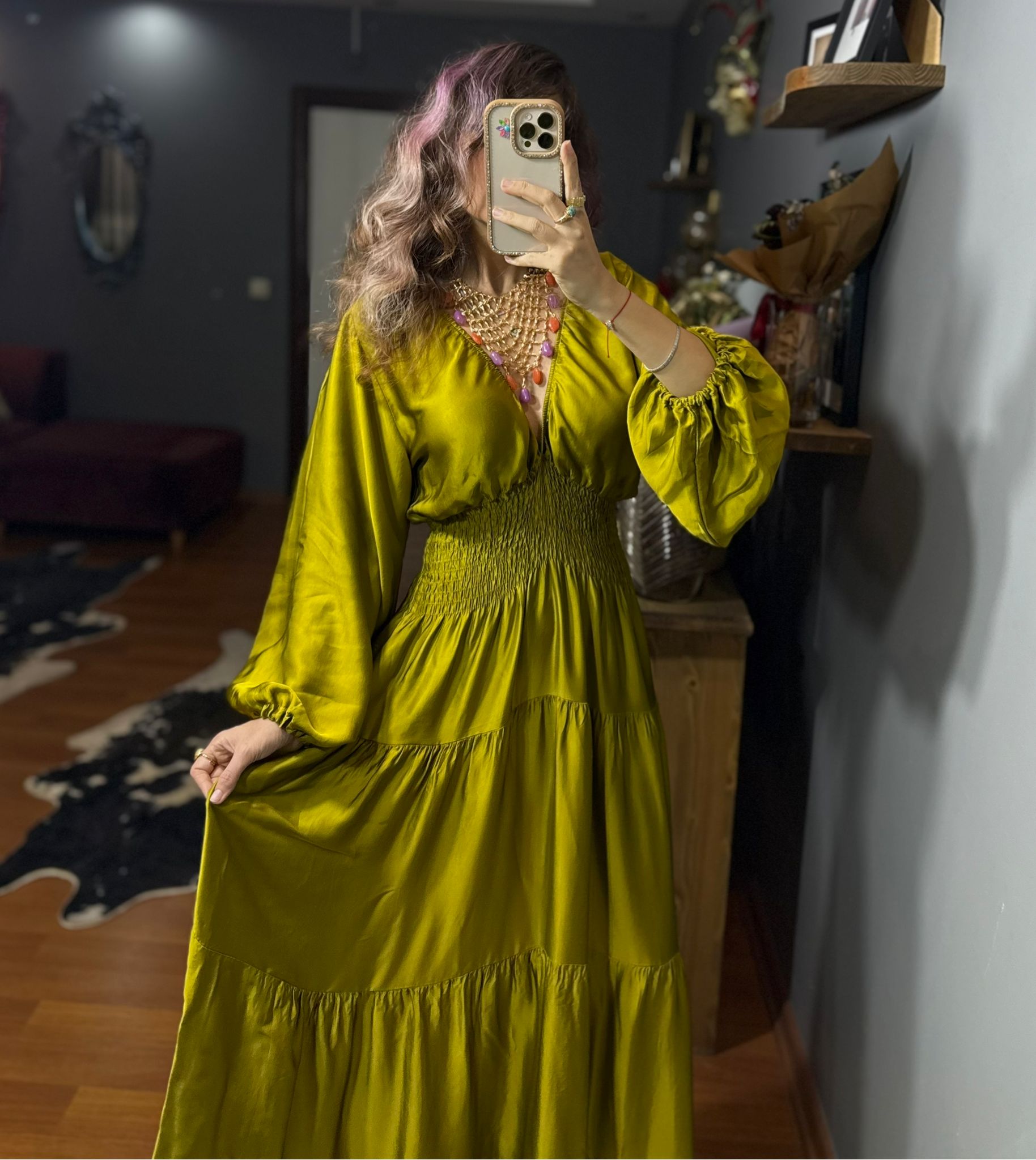 İthal Tasarım Beli Lastikli İpek Saten Elbise-Fıstık yesılı