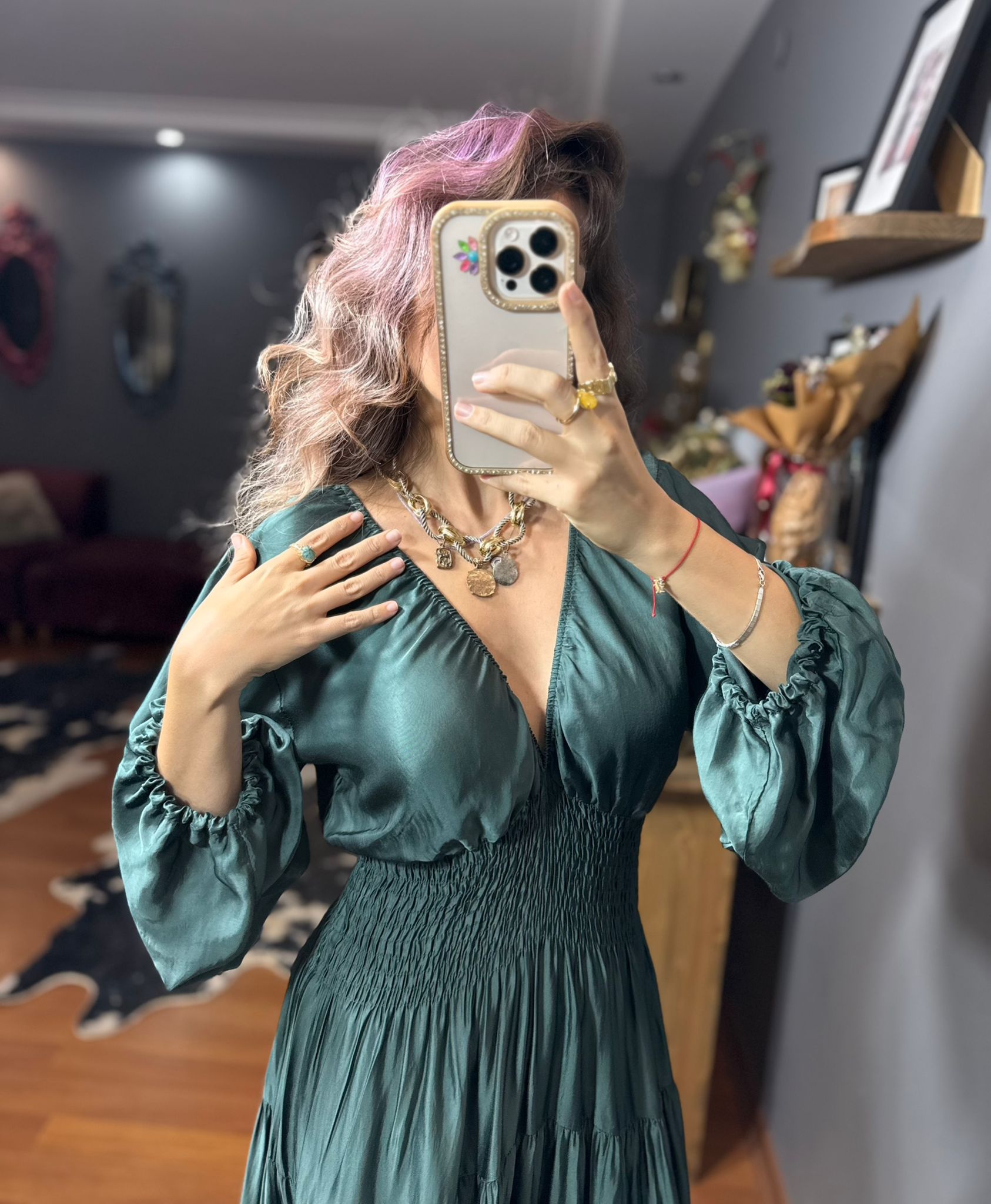 İthal Tasarım Beli Lastikli İpek Saten Elbise-Koyu turkuaz - Görsel 2