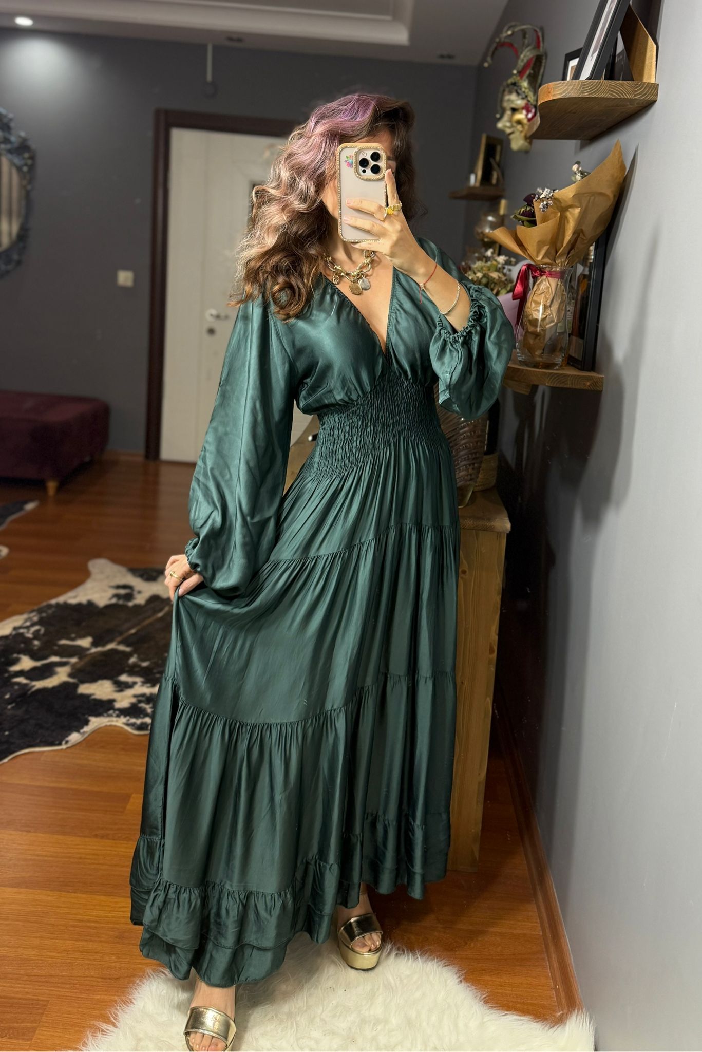 İthal Tasarım Beli Lastikli İpek Saten Elbise-Koyu turkuaz - Görsel 7