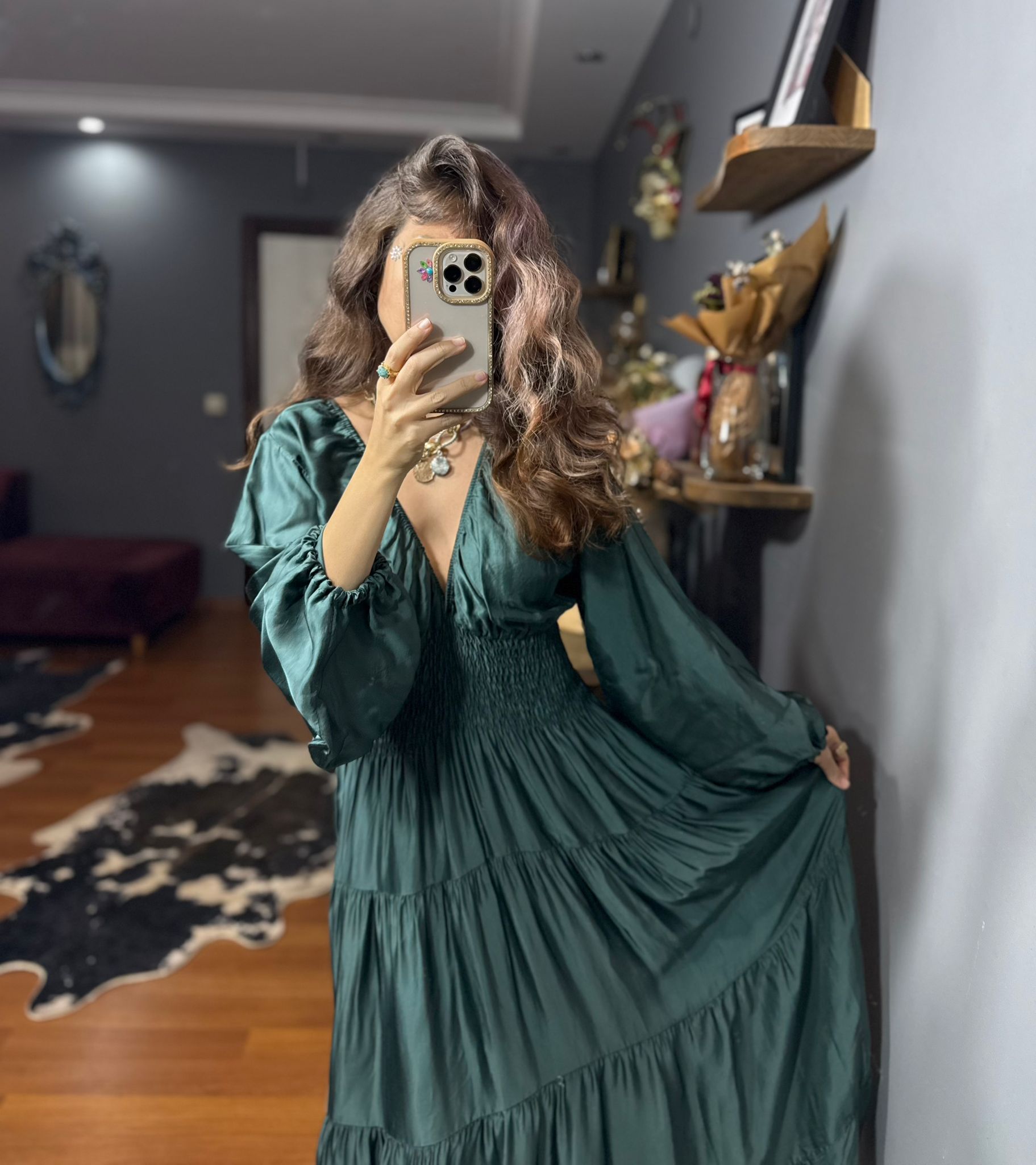 İthal Tasarım Beli Lastikli İpek Saten Elbise-Koyu turkuaz - Görsel 6