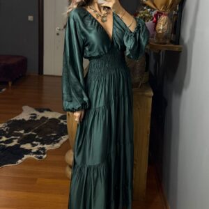 İthal Tasarım Beli Lastikli İpek Saten Elbise-Koyu turkuaz