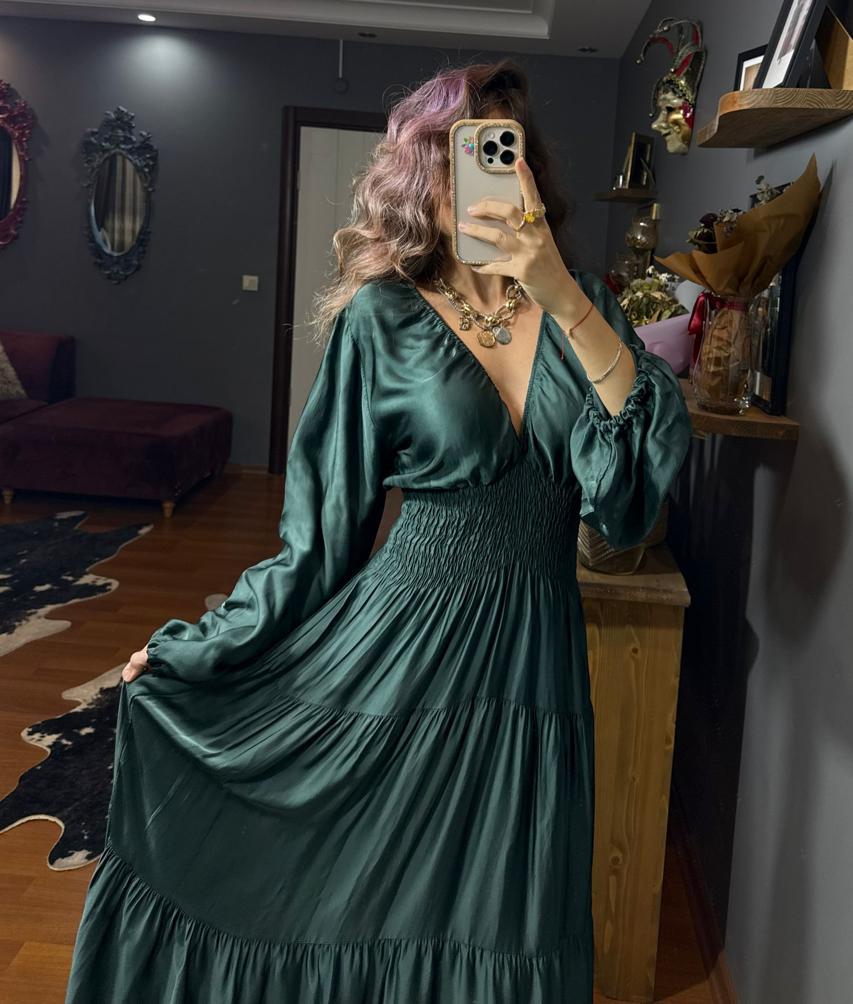 İthal Tasarım Beli Lastikli İpek Saten Elbise-Koyu turkuaz - Görsel 5