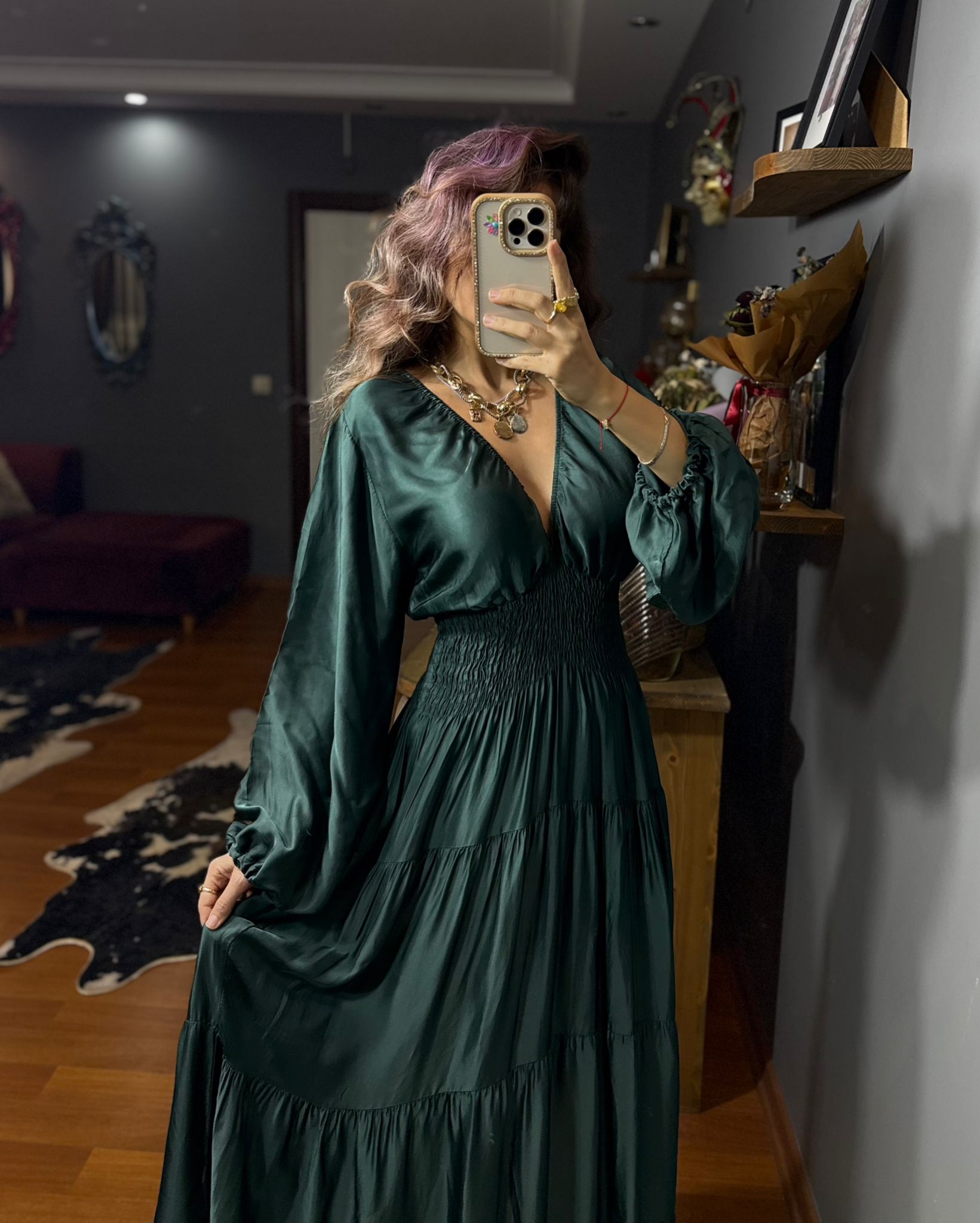 İthal Tasarım Beli Lastikli İpek Saten Elbise-Koyu turkuaz - Görsel 4