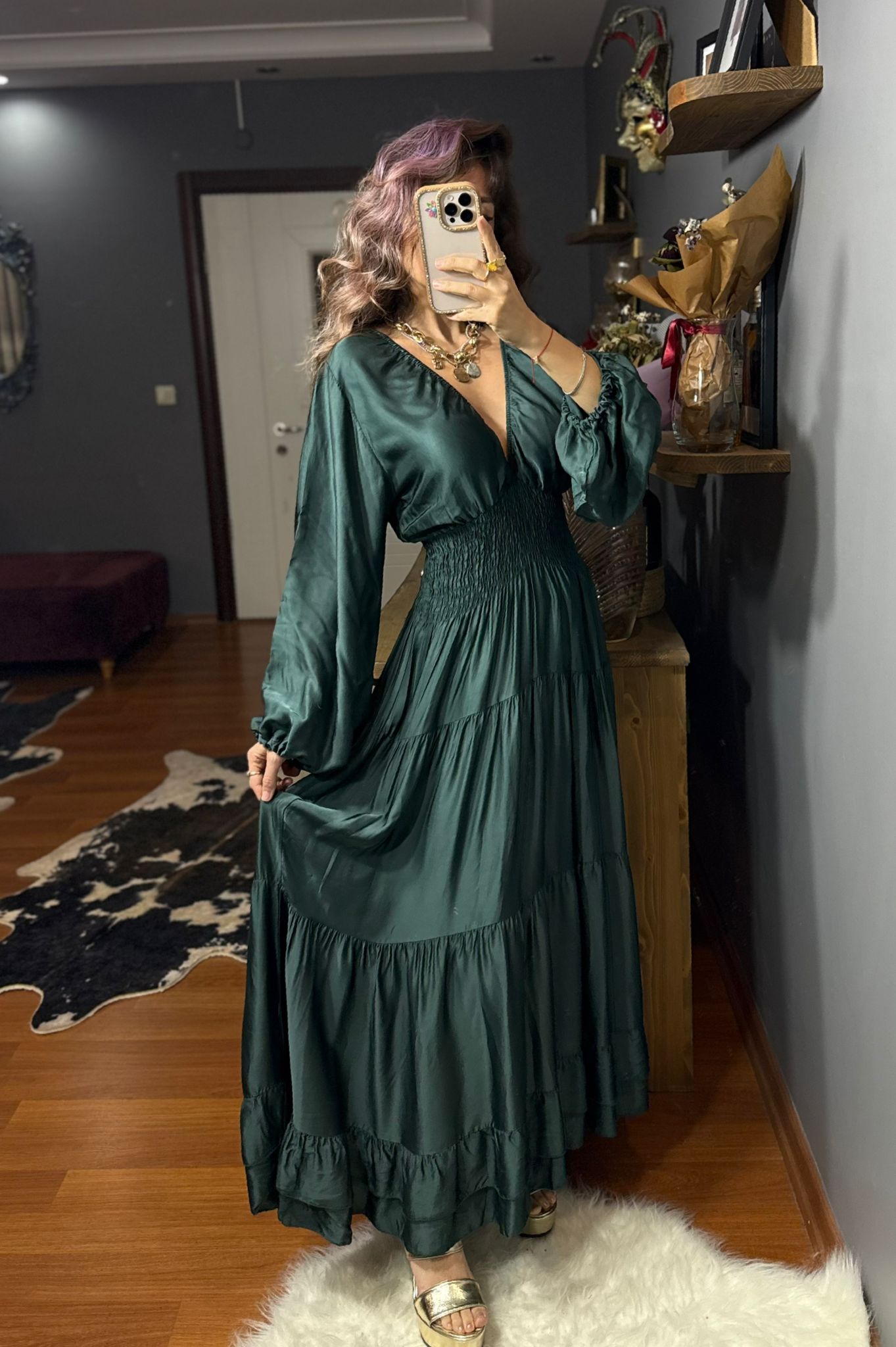 İthal Tasarım Beli Lastikli İpek Saten Elbise-Koyu turkuaz - Görsel 3