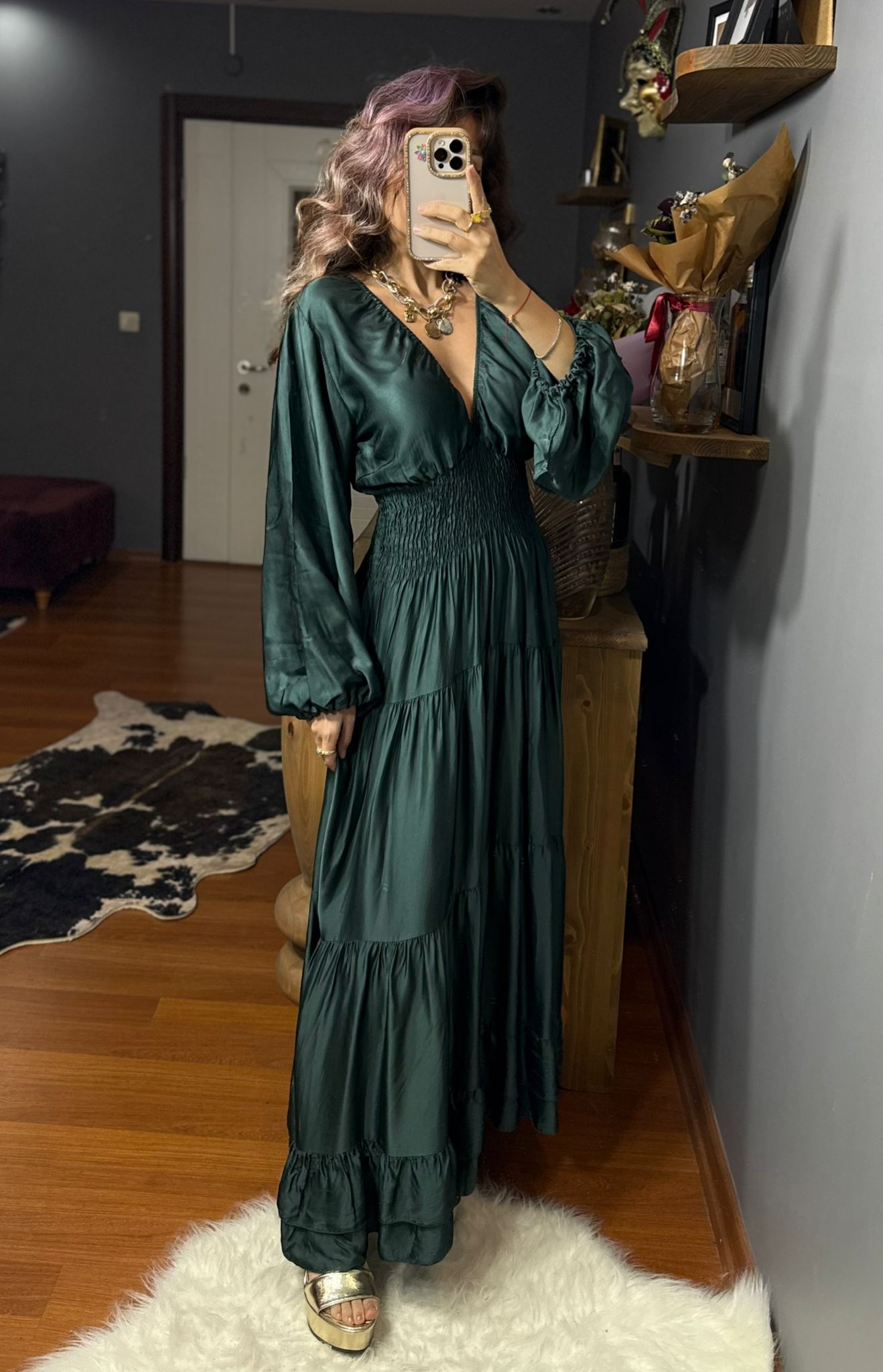 İthal Tasarım Beli Lastikli İpek Saten Elbise-Koyu turkuaz