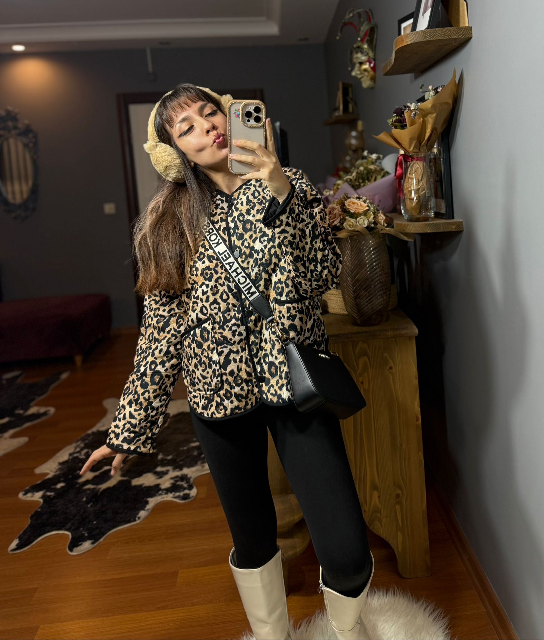 Leopar Desenli Kapitone Bisiklet Yaka Rahat Kesim (Oversize) Mevsimlik Mont - Görsel 9