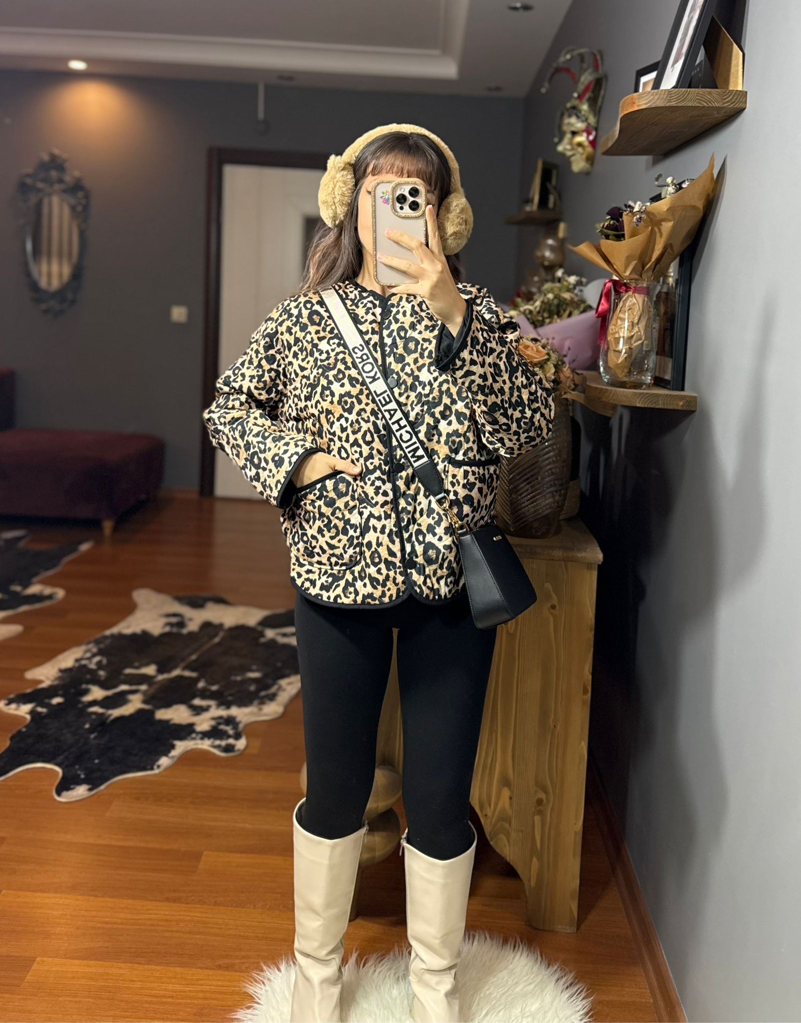 Leopar Desenli Kapitone Bisiklet Yaka Rahat Kesim (Oversize) Mevsimlik Mont - Görsel 12