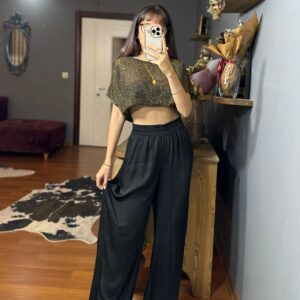 Orj mrk Pamuk Saten Beli Lastikli Salaş Pantolon-SİYAH RENK