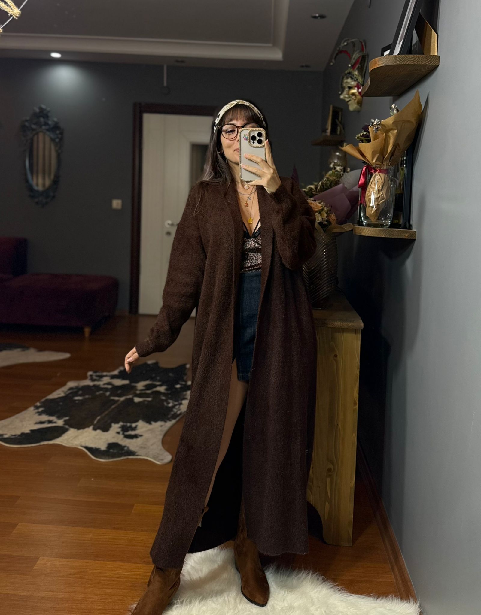 Koyu Kahve Peluş Uzun Ceket - Görsel 7