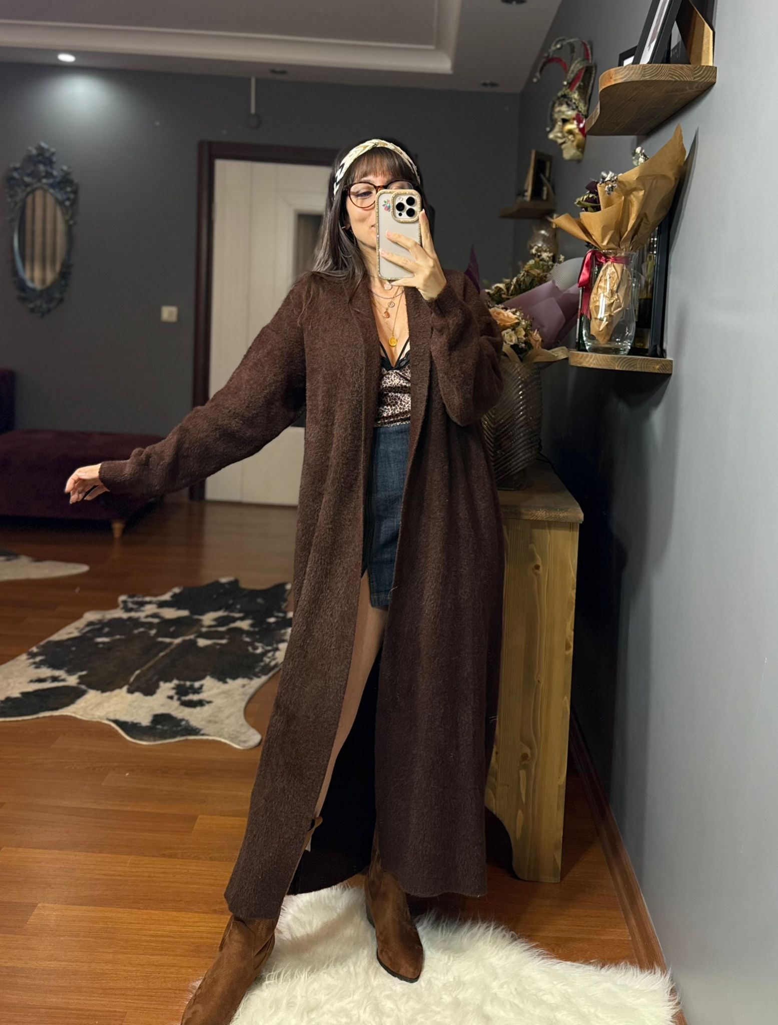 Koyu Kahve Peluş Uzun Ceket - Görsel 6