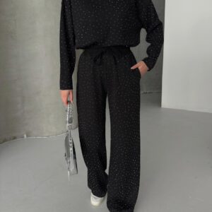 Taş İşlemeli Modal Kumaş Boru Paça Kadın Eşofman Takımı-SİYAH