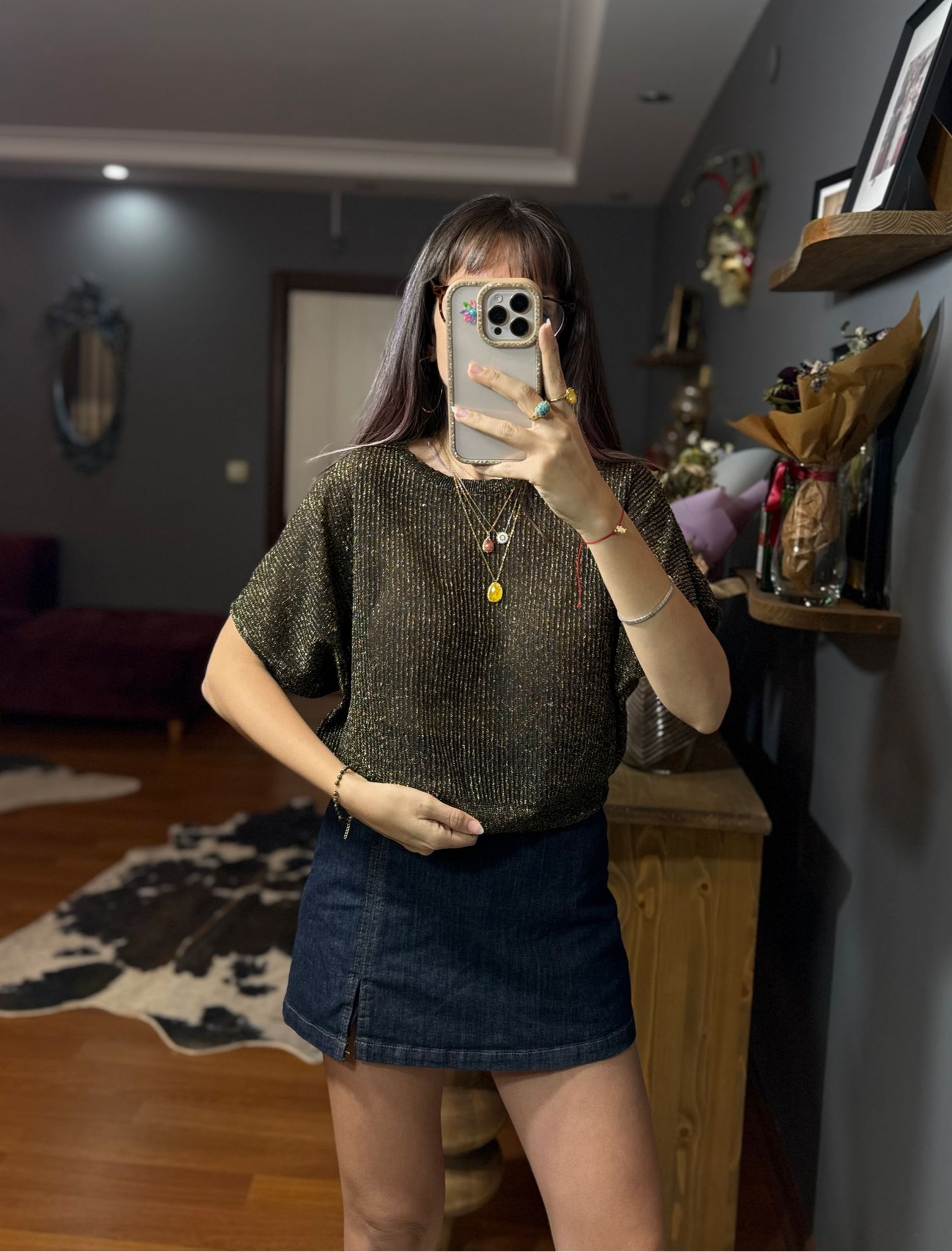 Orj Mrk Parlak Gold Detaylı Bluz