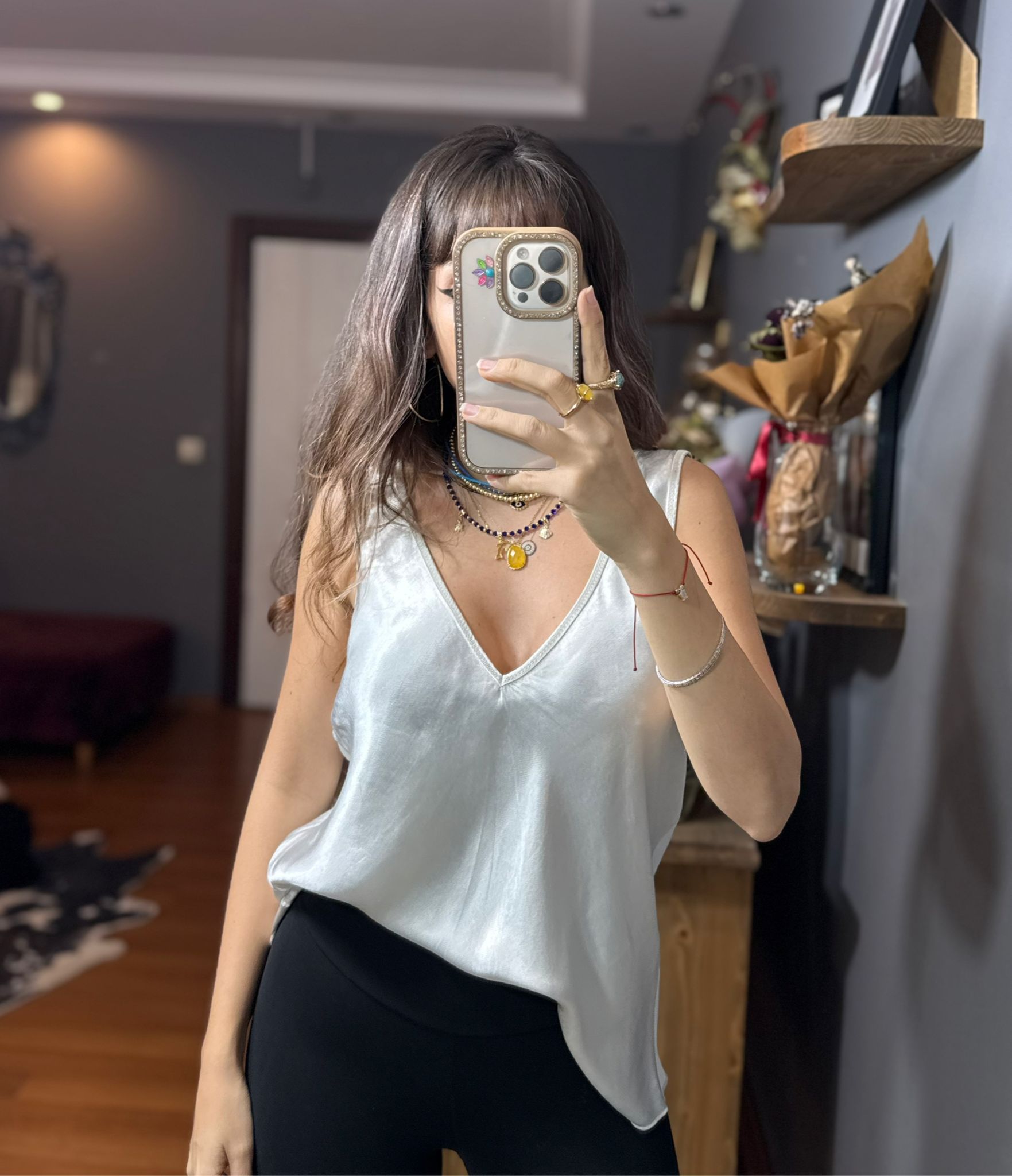 İthal İpek Saten Kalın Askılı Bluz gümüş - Görsel 9