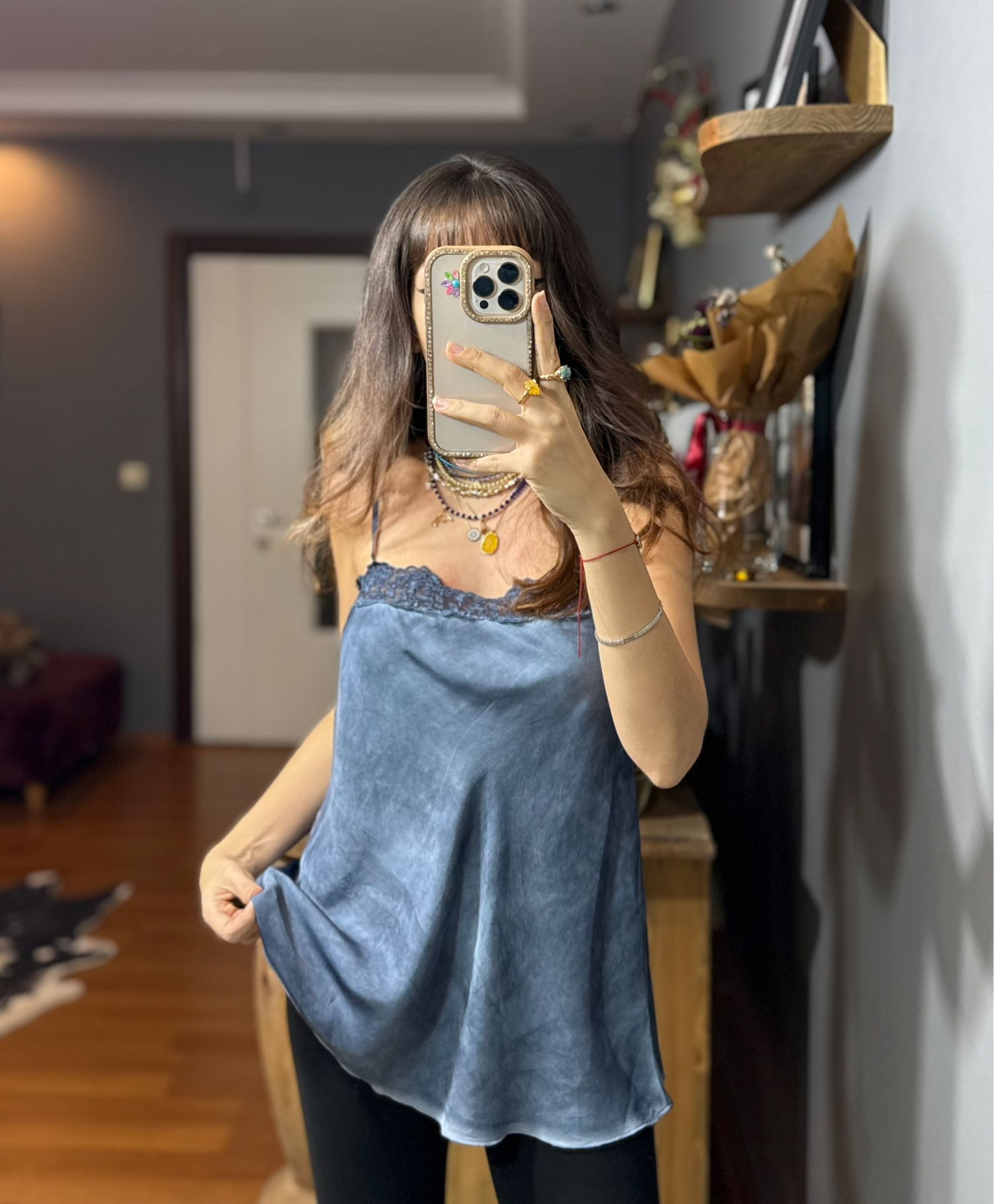 Dantelli İthal İpek Saten Kalın Askılı Bluz-mavi - Görsel 5