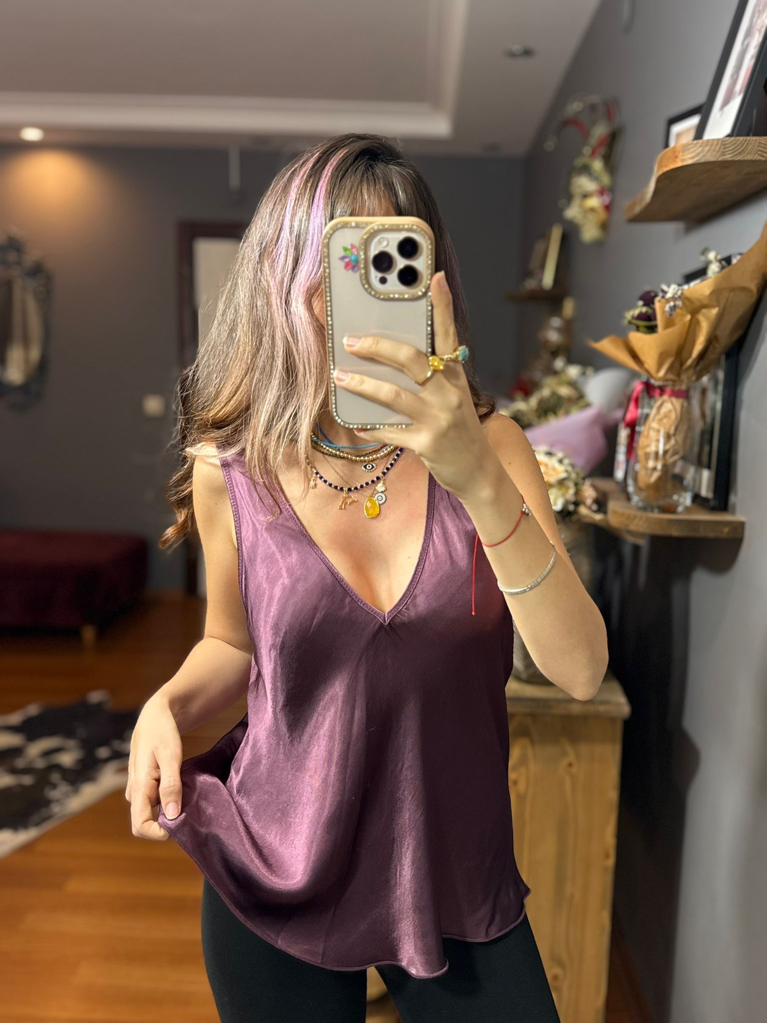 İthal İpek Saten Kalın Askılı Bluz bordo - Görsel 4