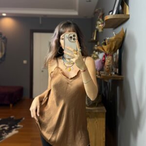 İthal İpek Saten İnce Askılı Dantelli Bluz -bakır