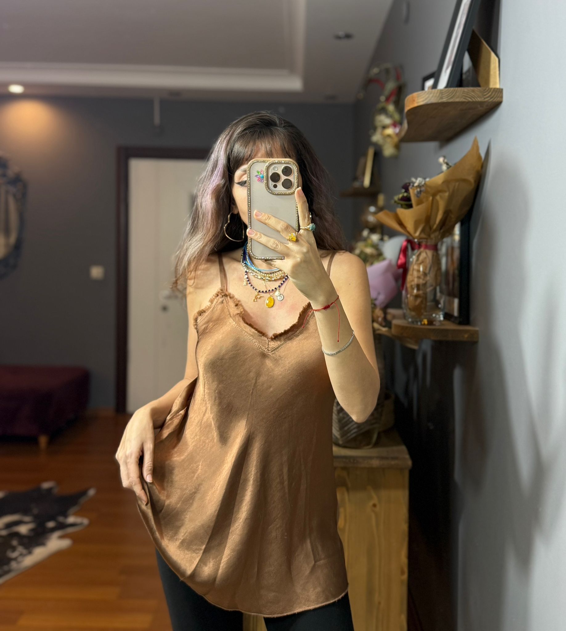 İthal İpek Saten İnce Askılı Dantelli Bluz -bakır