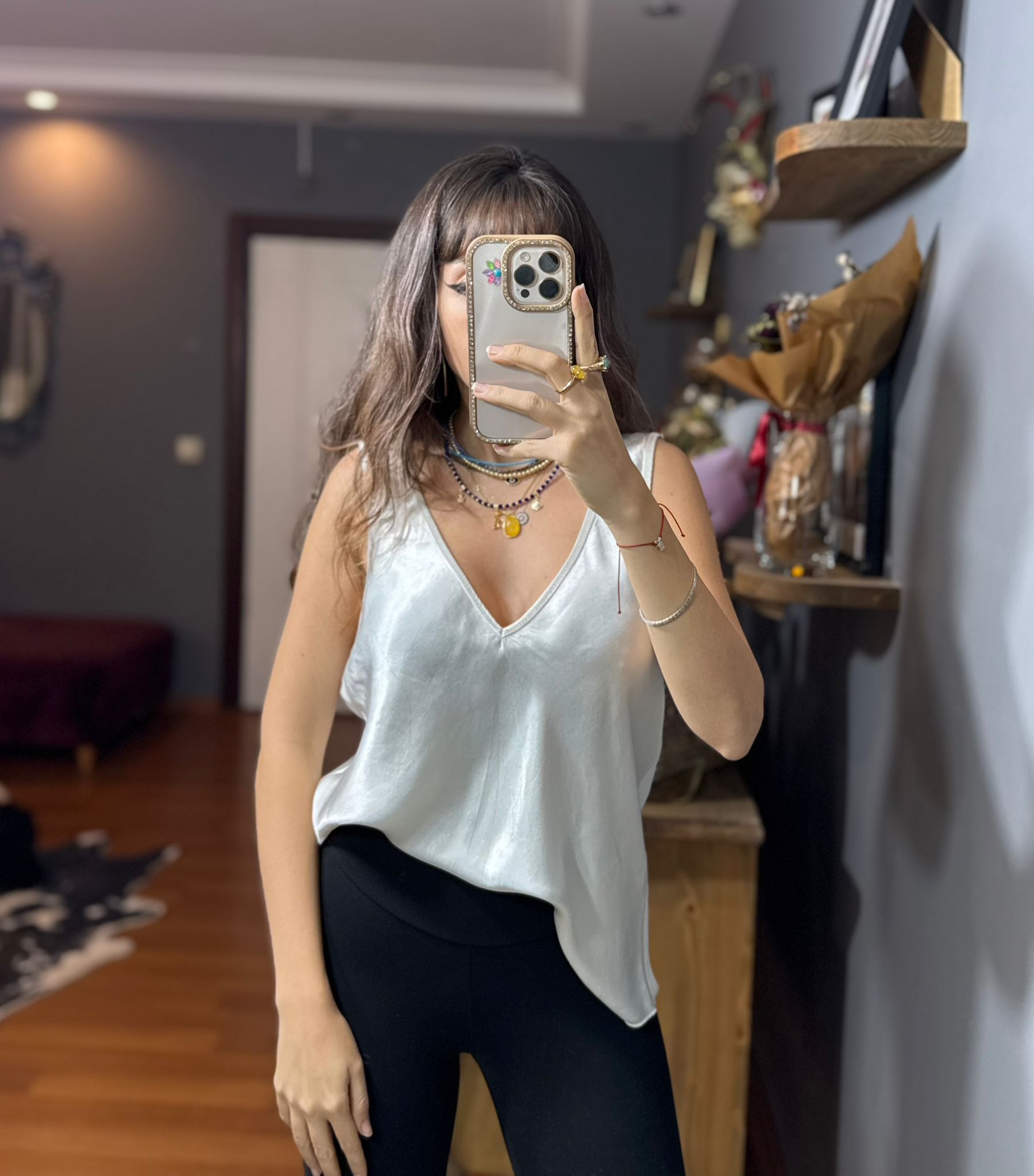 İthal İpek Saten Kalın Askılı Bluz gümüş - Görsel 8