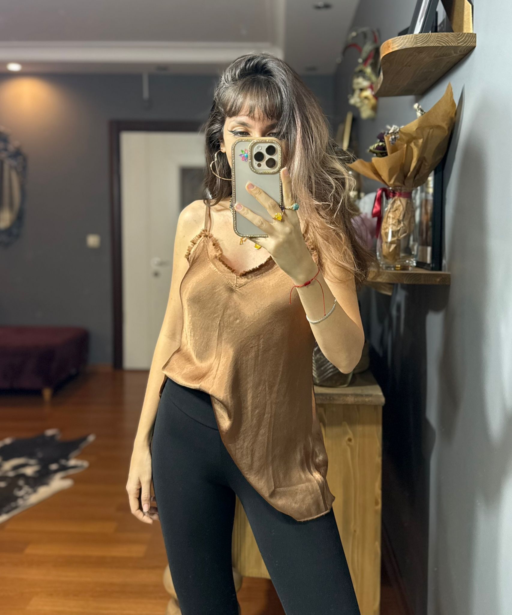 İthal İpek Saten İnce Askılı Dantelli Bluz -bakır - Görsel 3