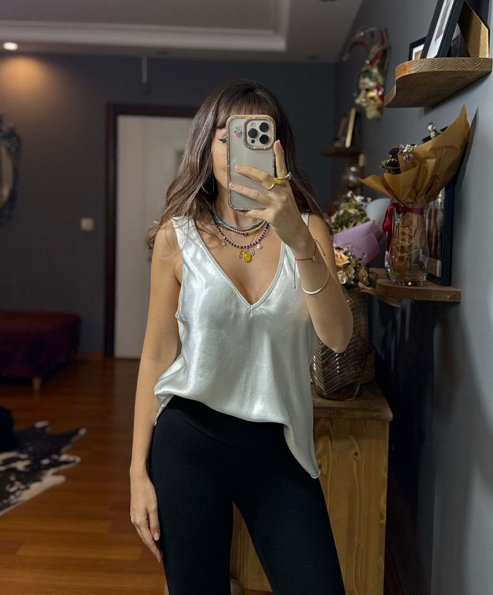 İthal İpek Saten Kalın Askılı Bluz gümüş - Görsel 3