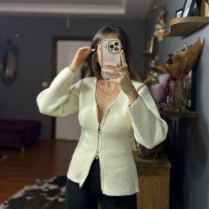 Gold Fermuar Detaylı Çelik Triko Tasarım Ceket/Bluz -fermuar tam kapanıyor