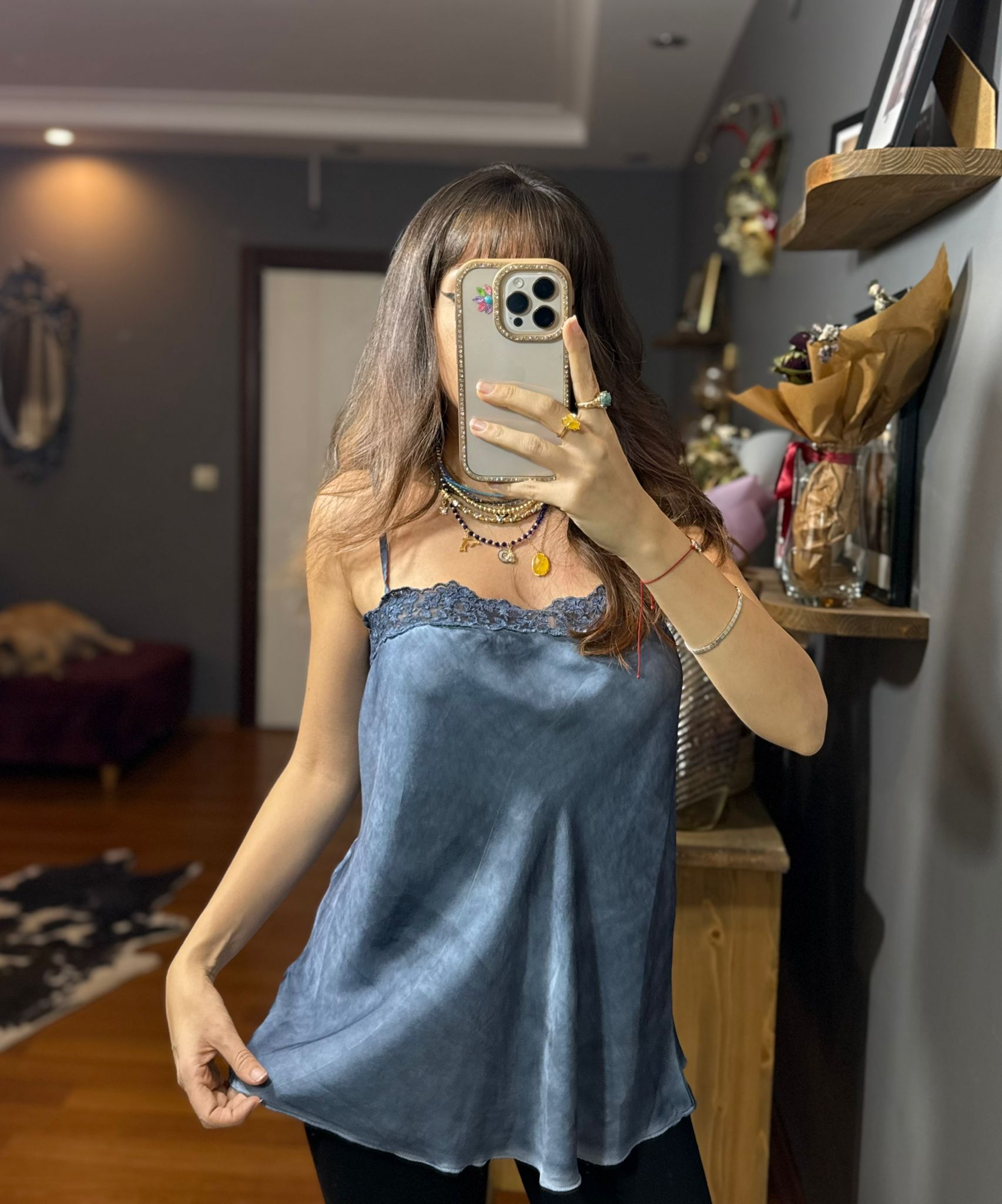 Dantelli İthal İpek Saten Kalın Askılı Bluz-mavi - Görsel 7