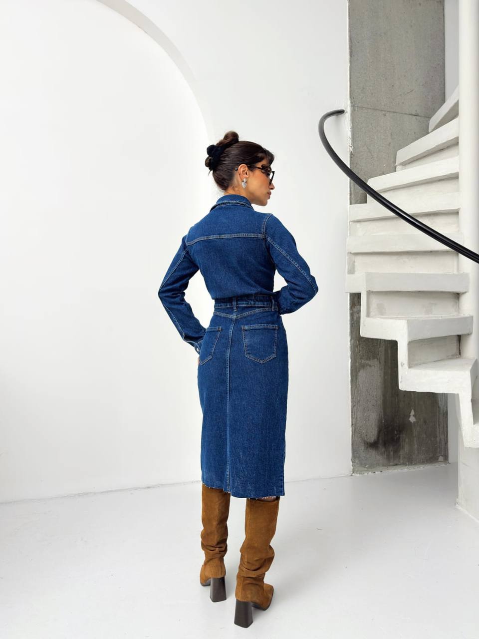 Önden Yırtmaçlı Denim Elbise - Görsel 3